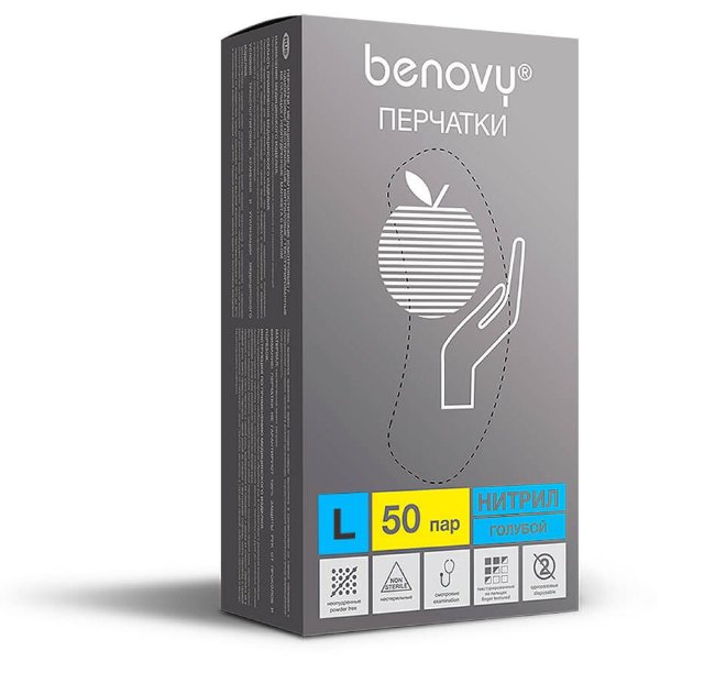 Перчатки нитриловые Benovy, голубые, размер L, (100 шт, 50 пар) Перчатки нитриловые Benovy, голубые, размер L, (100 шт, 50 пар)