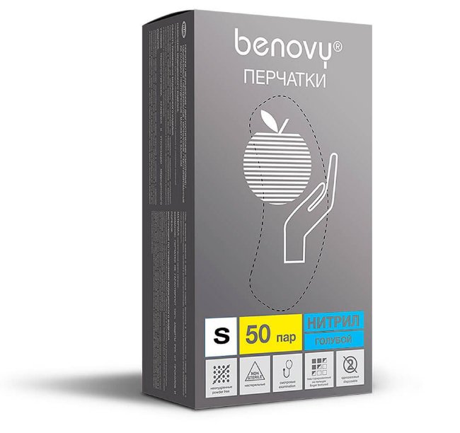 Перчатки нитриловые Benovy, голубые, размер S, (100 шт, 50 пар) Перчатки нитриловые Benovy, голубые, размер S, (100 шт, 50 пар)