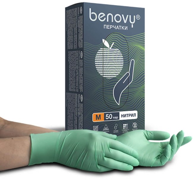 Перчатки нитриловые Benovy, зелёные, размер XS, (100 шт, 50 пар) Перчатки нитриловые Benovy, зелёные, размер XS, (100 шт, 50 пар)