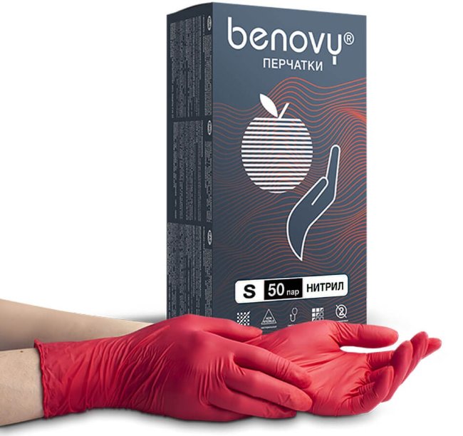 Перчатки нитриловые Benovy, красные, размер S, (100 шт, 50 пар) Перчатки нитриловые Benovy, красные, размер S, (100 шт, 50 пар)