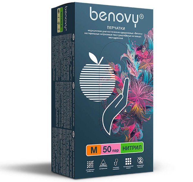 Перчатки нитриловые Benovy, перламутрово-розовые, размер M, (100 шт, 50 пар) Перчатки нитриловые Benovy, перламутрово-розовые, размер M, (100 шт, 50 пар)