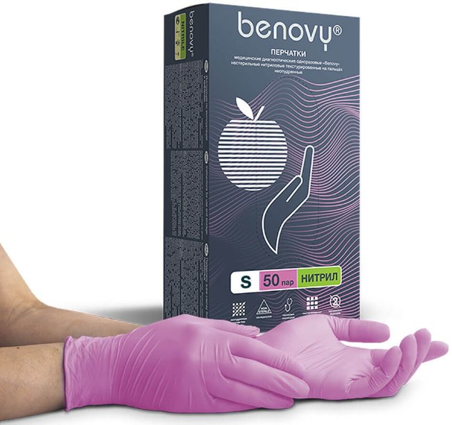 Перчатки нитриловые Benovy, розовые, размер XS, (100 шт, 50 пар) Перчатки нитриловые Benovy, розовые, размер XS, (100 шт, 50 пар)