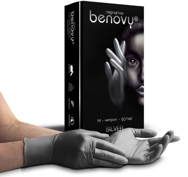 Перчатки нитриловые Benovy, серебро, размер М, (100 шт, 50 пар) Перчатки нитриловые Benovy, серебро, размер М, (100 шт, 50 пар)