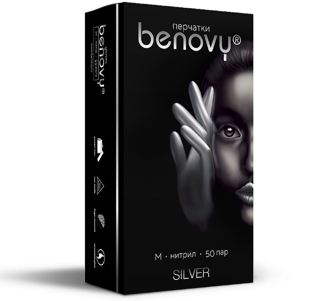 Перчатки нитриловые Benovy, серебро, размер М, (100 шт, 50 пар) Перчатки нитриловые Benovy, серебро, размер М, (100 шт, 50 пар)