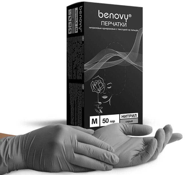 Перчатки нитриловые Benovy, серые, размер М, (100 шт, 50 пар) Перчатки нитриловые Benovy, серые, размер М, (100 шт, 50 пар)