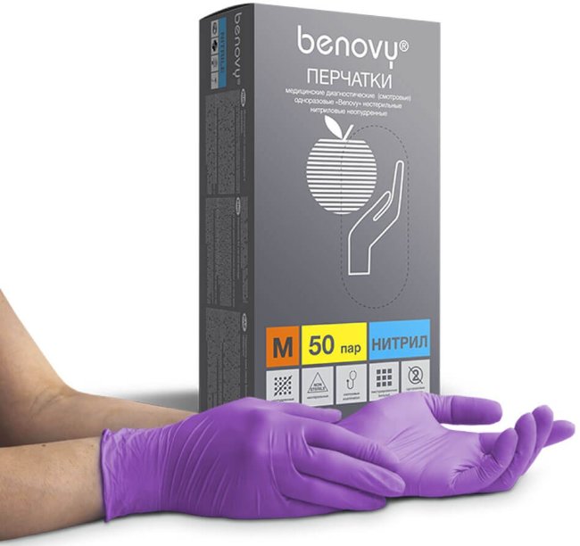 Перчатки нитриловые Benovy, сиреневые, размер S, (100 шт, 50 пар) Перчатки нитриловые Benovy, сиреневые, размер S, (100 шт, 50 пар)