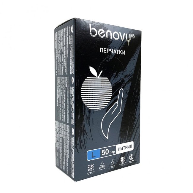 Перчатки нитриловые Benovy, черные, размер L, (100 шт, 50 пар) Перчатки нитриловые Benovy, черные, размер L, (100 шт, 50 пар)
