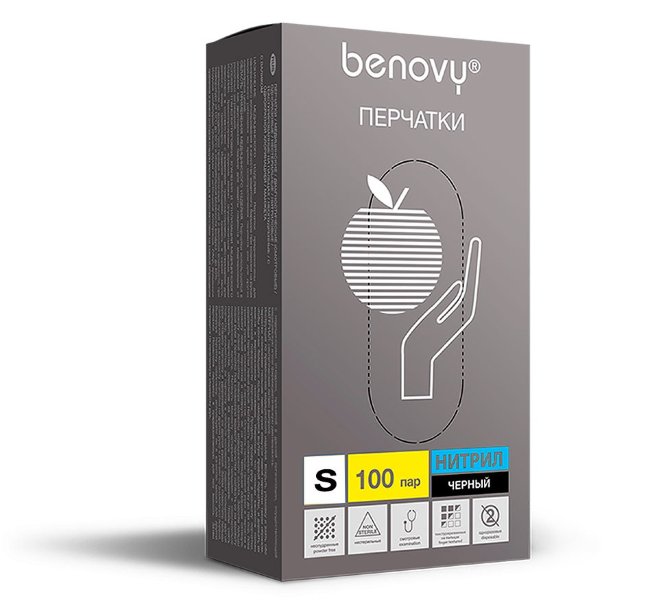 Перчатки нитриловые Benovy, черные, размер S, (200 шт, 100 пар) Перчатки нитриловые Benovy, черные, размер S, (200 шт, 100 пар)