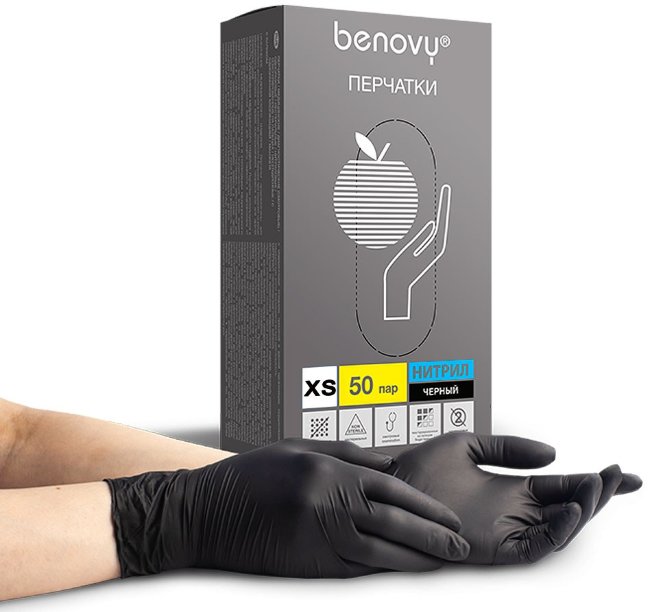 Перчатки нитриловые Benovy, черные, размер XS, (100 шт, 50 пар) Перчатки нитриловые Benovy, черные, размер XS, (100 шт, 50 пар)