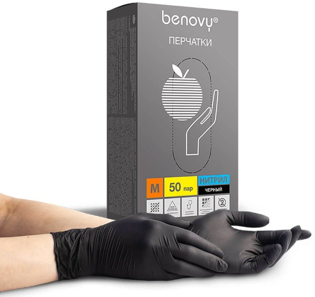 Перчатки нитриловые Benovy, черные, размер М, (100 шт, 50 пар) Перчатки нитриловые Benovy, черные, размер М, (100 шт, 50 пар)