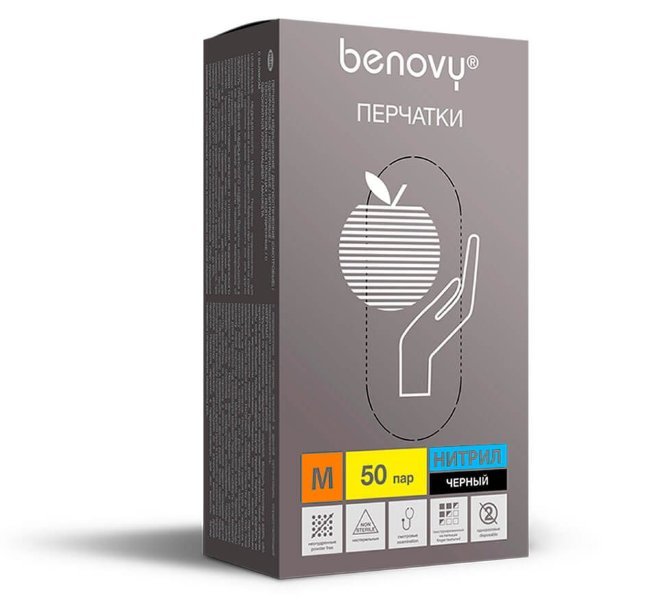 Перчатки нитриловые Benovy, черные, размер М, (100 шт, 50 пар) Перчатки нитриловые Benovy, черные, размер М, (100 шт, 50 пар)