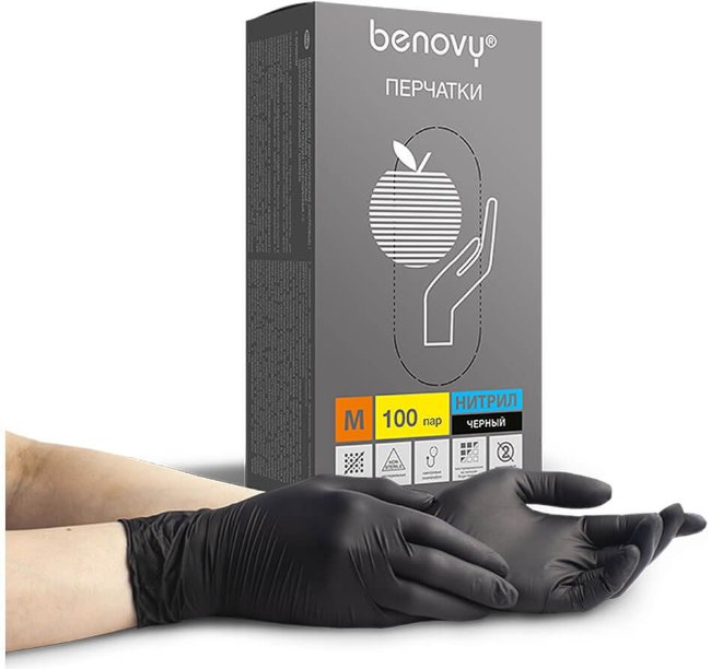 Перчатки нитриловые Benovy, черные, размер М, (200 шт, 100 пар) Перчатки нитриловые Benovy, черные, размер М, (200 шт, 100 пар)