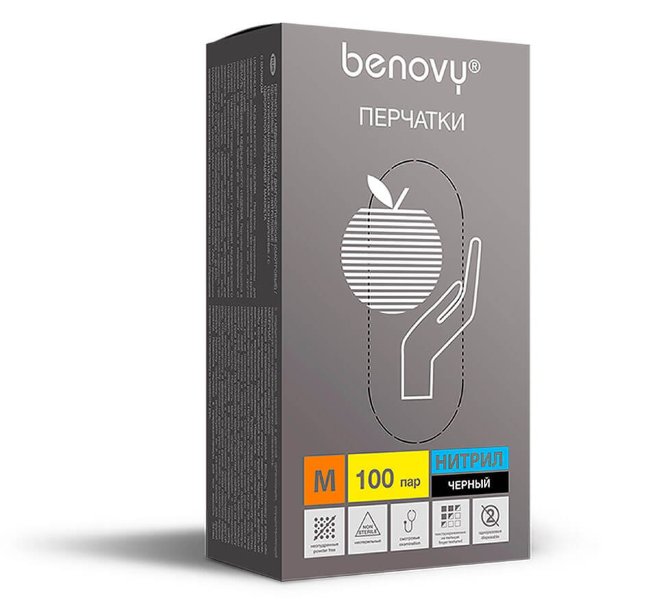 Перчатки нитриловые Benovy, черные, размер М, (200 шт, 100 пар) Перчатки нитриловые Benovy, черные, размер М, (200 шт, 100 пар)